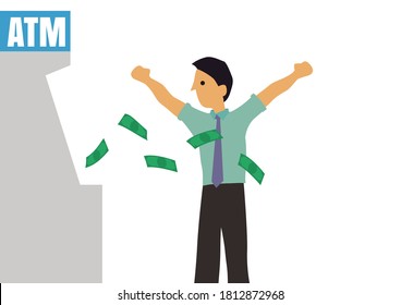 Businessman with an ATM machine with many dollar banknotes flying out on a white background. Receiving unbelievable salary or income. Getting rich fast. Vector illustration.