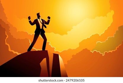 Businessman atop a rock in an excited pose, set against a backdrop of dramatic clouds and sunlight, for motivational content, conveys themes of triumph, ambition, and reaching new height