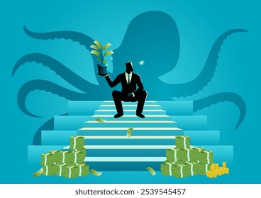 Businessman atop stairs holding a money plant, piles of cash beneath and a giant octopus behind, symbolizing capitalism and conglomerate influence