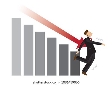 Businessman attack by the arrow which symbolise the downfall of the market. Metaphor of the falling of economy during bad times. Vector illustration.