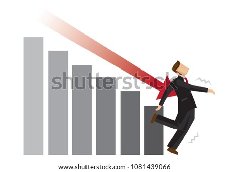 Businessman attack by the arrow which symbolise the downfall of the market. Metaphor of the falling of economy during bad times. Vector illustration.