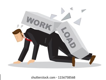 Businessman attack by a giant brick title workload. Business metaphor. Stress at work. Concept of overwork, overload, misfortune and corporate problem. Isolated vector illustration. 