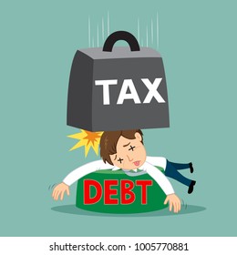 Businessman attack with heavy debt tax, illustration vector cartoon