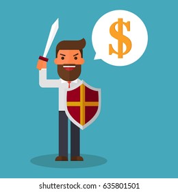 Businessman attacking holding a sword and shield