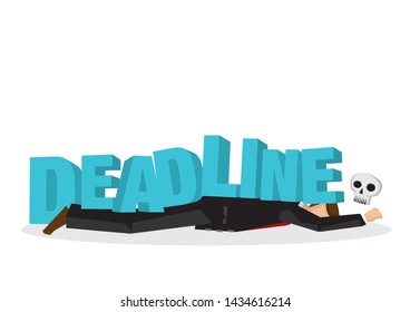 Businessman attacks, fall and collapse by giant lettering “deadline”. Concept of project crisis, corporate sabotage or company misfortune. Flat vector isolated illustration.