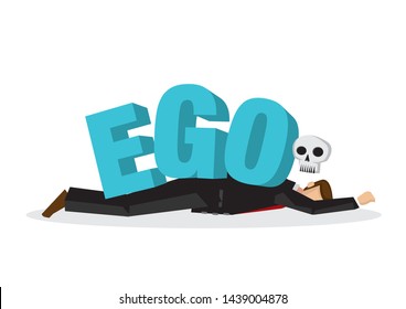 Businessman attacks, fall and collapse by giant lettering Ego. Concept of identity crisis, emotional sabotage self pride or mental misfortune. Flat vector isolated illustration.