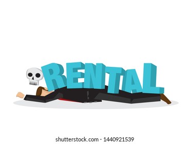 Businessman attacks, fall and collapse by giant lettering “Rental”. Concept of rental debt crisis, housing problem or bankruptcy. Flat vector isolated illustration.