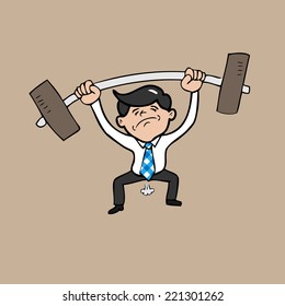 Businessman attempt weight lifting cartoon