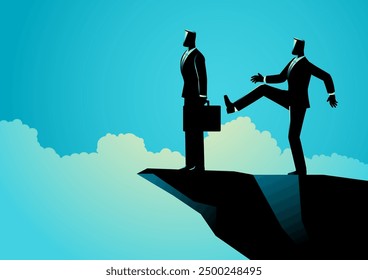 Businessman attempting to kick another businessman into an abyss. Perfect for themes of cutthroat competition, rivalry, and corporate power struggles, symbolizes the harsh of the business world