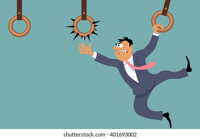 Businessman attempting to move forward using gym rings and facing a dangerous and unpleasant choice, EPS 8 vector illustration 