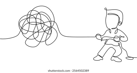 A businessman attempting to untangle a knotted rope, symbolizing the challenges of resolving financial or business issues. One line drawing for finance concepts. Vector illustration hand drawn.