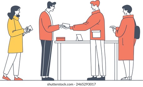 Un hombre de negocios que asiste a un evento de networking intercambiando tarjetas de visita, networking profesional, conexiones corporativas, evento de negocios, uno continúa la Ilustración vectorial de arte en línea