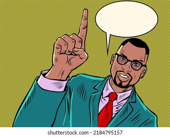 businessman attention gesture index finger up, announcement and advertising concept. a smiling man in a suit. Pop Art Retro Vector Illustration Kitsch Vintage 50s 60s Style