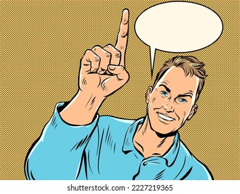 businessman attention gesture index finger up, announcement and advertising concept. a smiling man in a suit. Pop Art Retro Vector Illustration Kitsch Vintage 50s 60s Style