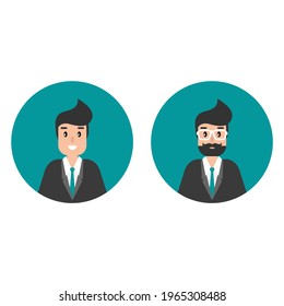 Businessman or attorney avatars in circle. flat vector illustration on blue background. Law consulting, juridical help online. Lawyer, business user