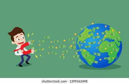 Businessman attract money from around the world with a large magnet concept, Cartoon vector illustration