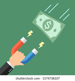 Businessman attract money dollar bill with a large magnet. Vector illustration in flat design style