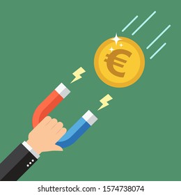 Businessman attract money euro coin with a large magnet. Vector illustration in flat design style
