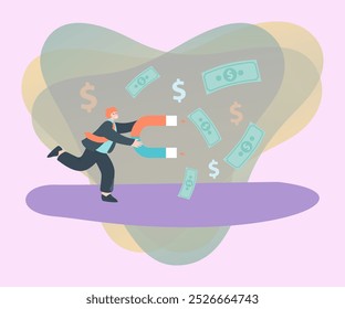 Businessman attracting falling dollar bills with magnet. Office worker getting salary or profit flat vector illustration. Success, economy, finances, income concept for banner or landing web page