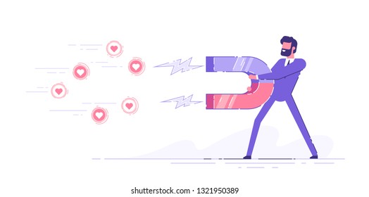 Businessman attracting likes signs with a huge magnet. Social media marketing concept. Modern vector illustration.