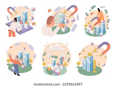 Businessman attracting and saving money with giant magnet. Fast cash loan for entrepreneurs, increasing profits and income. Wealth, business, financial energy concept. Investment attraction vector set