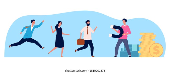 Businessman attraction people. Person magnet, employees running to work. HR concept, greed or need for money vector illustration