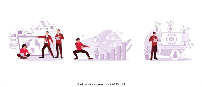 Businessman attractive business concept image. Direct sales scheme in business. Marketing concept. Set Trend Modern vector flat illustration