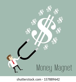 Businessman attracts money with a large magnet