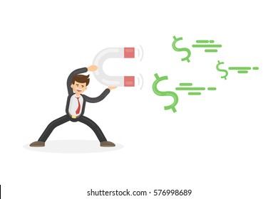 Businessman attracts money with magnet. Concept of income, profit and success.