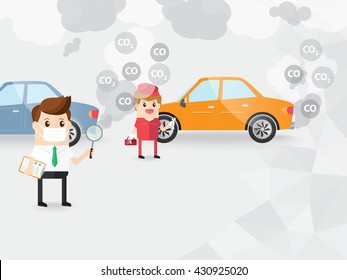 Businessman Or Auditor And Technician Inspecting Car Find Emits Carbon Dioxide And Air Pollution