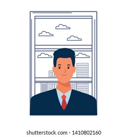 businessman avatar cartoon character portrait profile style over window with cityscape view vector illustration graphic design