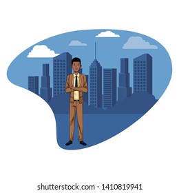 businessman avatar cartoon character wearing elegant suit in a cityscape vector illustration graphic design