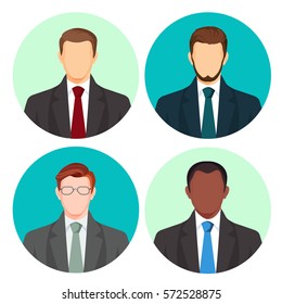 Businessman avatar four pictures vector set on white. Male people with light and dark skin, with moustache and glasses, in business costumes with red, green, blue or grey ties on round backgrounds