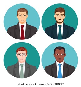 Businessman avatar four pictures vector set on white. Male people with light and dark skin, with moustache and glasses, in business costumes with red, green, blue or grey ties on round backgrounds