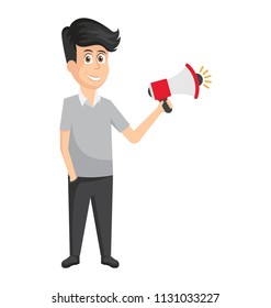 
Businessman avatar holding loudspeaker making important announcement.

