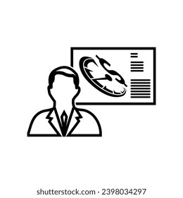 Businessman avatar icon next to economic presentation screen for business economics office and for web icon	

