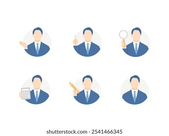 Conjunto de ícones de avatar de empresário. fundo circular. homem verificando usando uma lupa, calculadora e lápis.