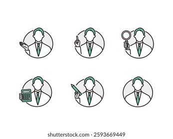 Businessman avatar icon set. circle background. man checking using a magnifying glass, calculator and pencil.