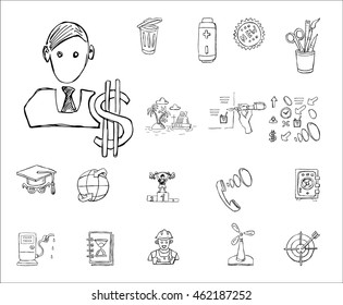 businessman avatar, island, dollar sign, gas station, signing checkbox, bank safe box and recycle bin  black and white  vector icon set, in hand drawn doodle style, for business and office design
