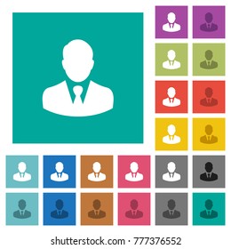 Businessman avatar multi colored flat icons on plain square backgrounds. Included white and darker icon variations for hover or active effects.