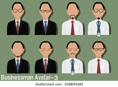 Businessman Avatar with Variation of necktie ,shirt,eyeglasses and suit.Characters are based on Egg head with Middle Part hair style.and Strawberry head with  Middle Part hair style
