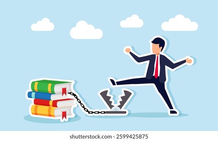 A businessman avoids a trap tied with chains to a stack of books, illustration of escaping and completing a business project report