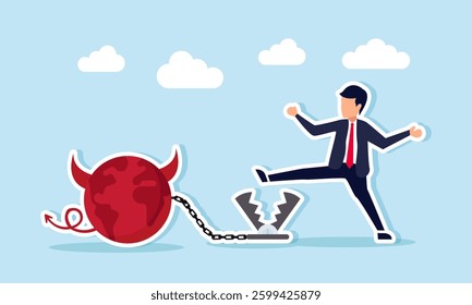 A businessman avoids a trap tied with chains to a globe shaped like a devil, illustration of escaping the influence of illegal business like corruption