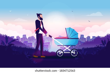 Businessman with baby pram - Man taking time off work to care for baby, walking with stroller in landscape. Paternity leave concept. Vector illustration.