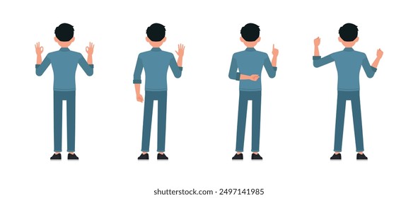 El hombre de negocios vista trasera usa un conjunto de personajes de camisa de jeans azules. Muchos señalan, gesto OK, dicen hola y orgullosos. Diseño de Ilustración vectorial.