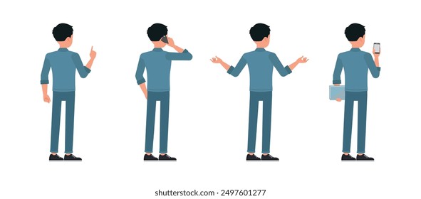 Businessman back view wear blue jeans shirt character set. Man looking, talk on phone and point. Vector illustration design.