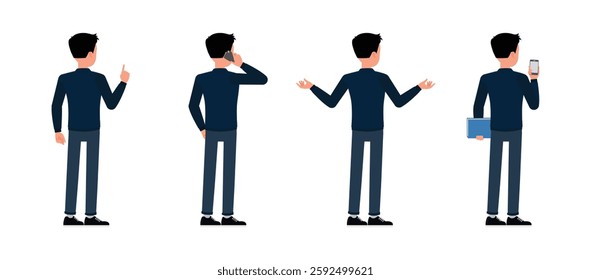 Businessman back view wear blue jacket character set. Man looking, talk on phone and point. Vector illustration design.