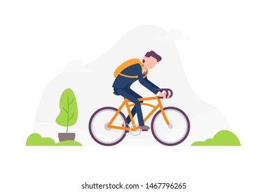 Businessman with backpack riding bicycle vector flat illustration