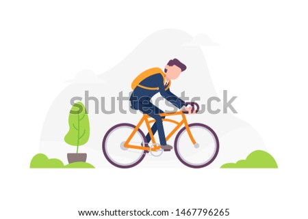 Businessman with backpack riding bicycle vector flat illustration