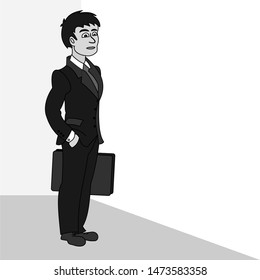 Businessman with bag in hand. Grey scale vector illustration 3D design.